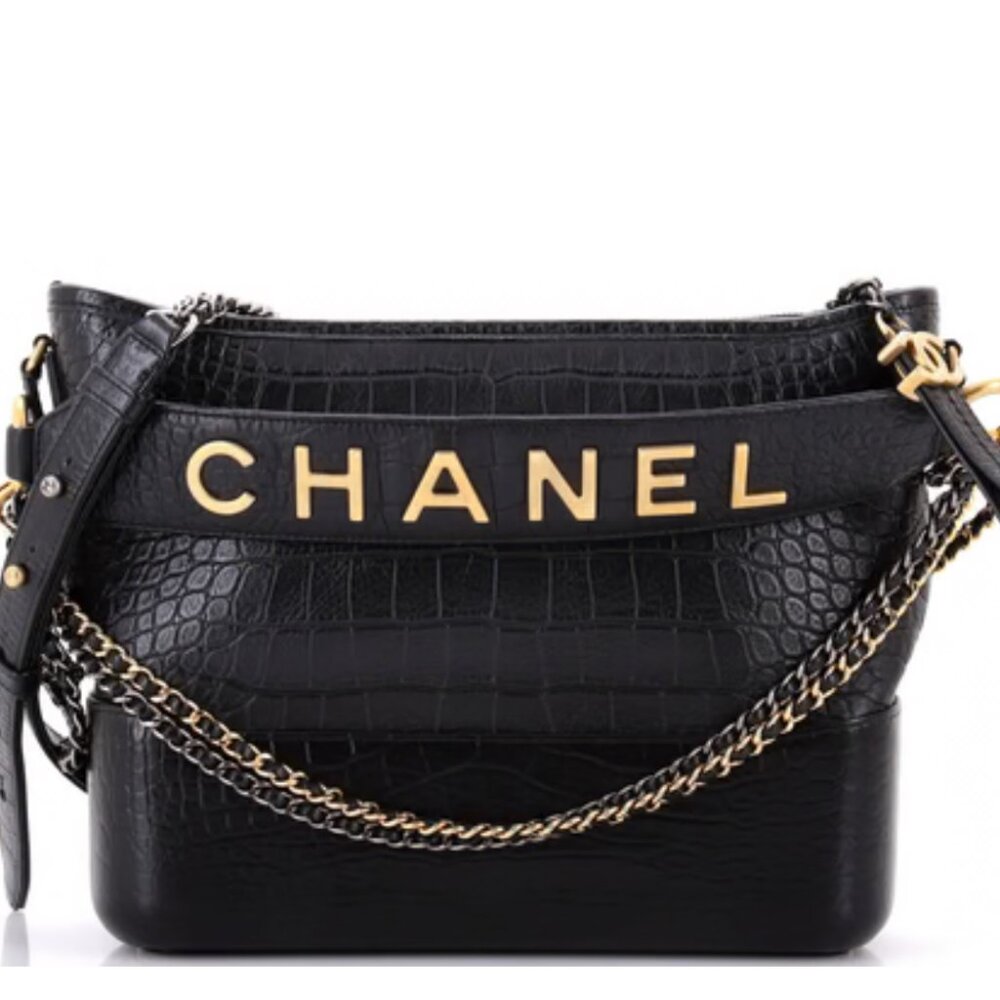 CHANEL RARE Gabrielle Hobo w/ Logo Handle Crocodile Embossed Calfskin Medium Bag